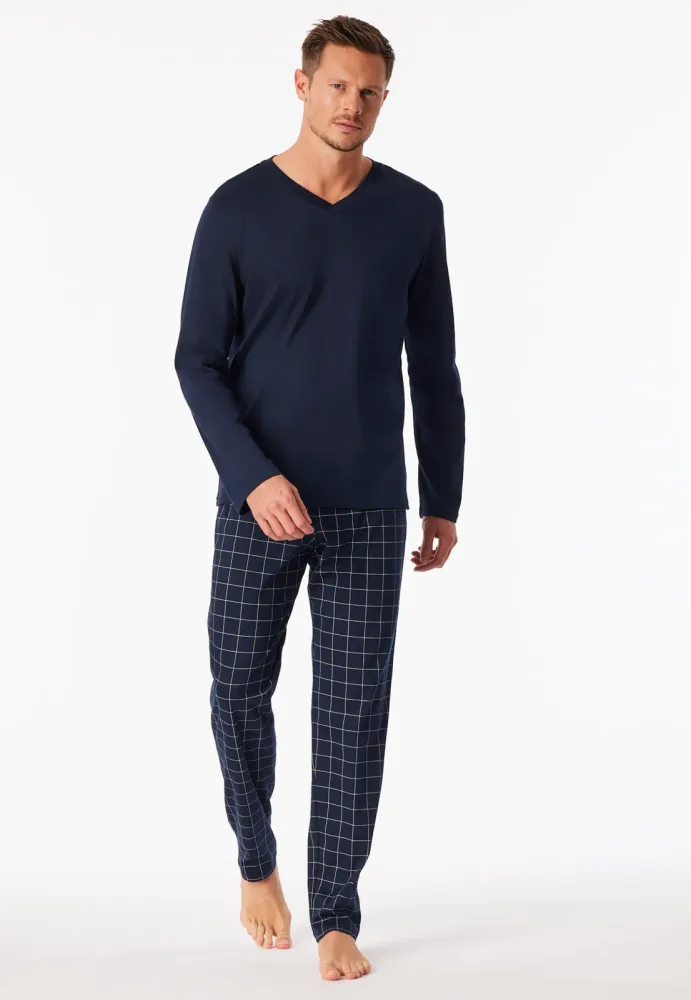 Schiesser Schlafanzug mit Bündchen Dunkelblau kariert - Fine Interlock für Herren, Größe 4XL, 100 % Baumwolle