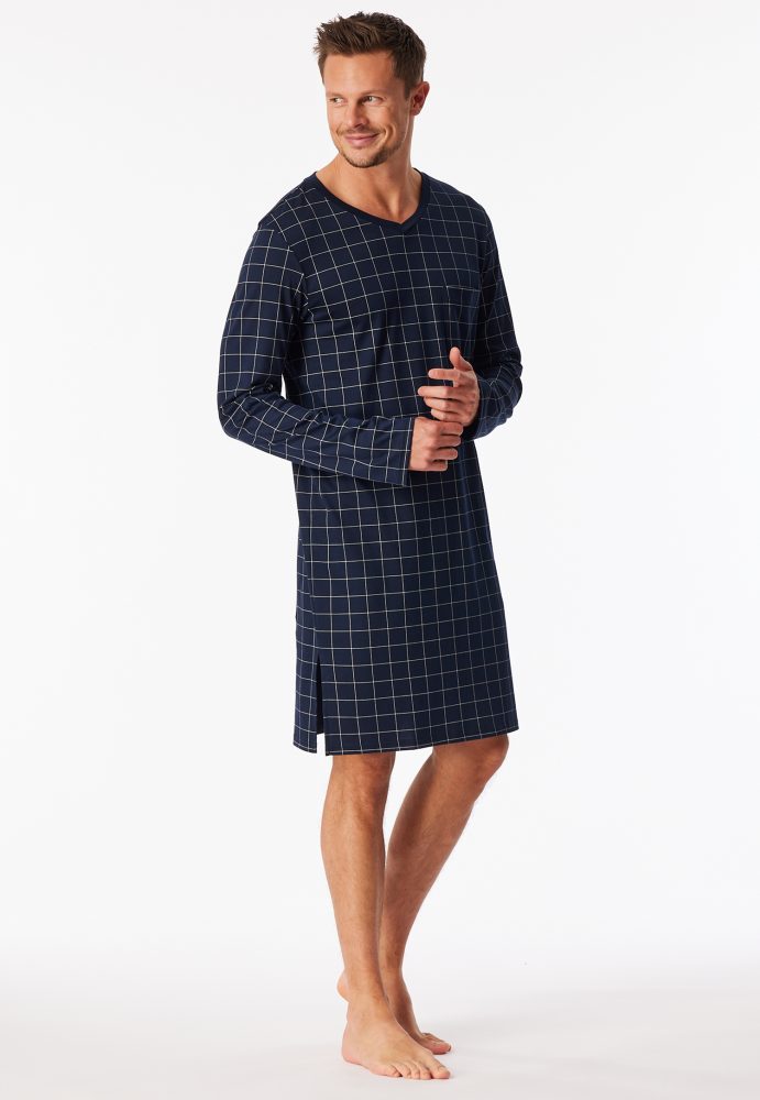 Schiesser Nachthemd langarm Blau/Weiss kariert - Fine Interlock für Herren, Größe 4XL, 100 % Baumwolle
