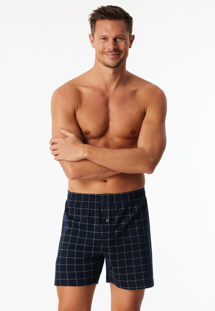 Schiesser Boxershorts mit Knopfleiste Dunkelblau kariert - Fine Interlock für Herren, Größe L, 100 % Baumwolle