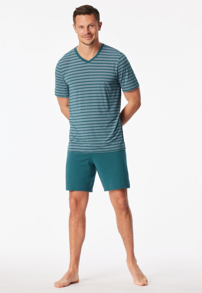 Schiesser Schlafanzug kurz Petrol gestreift - Long Life Soft für Herren, Größe M, 70 % Modal, 20 % Polyester, 10 % Elasthan