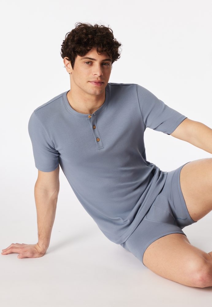 Schiesser Henley T-Shrt Feinripp Blau - Rib Essentials für Herren, Größe M, 99 % Baumwolle, 1 % Elasthan