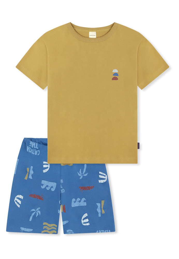 Schiesser Schlafanzug kurz Khaki/Blau gemustert - Kids Nightwear für Jungen, Größe 4Y, 100 % Baumwolle