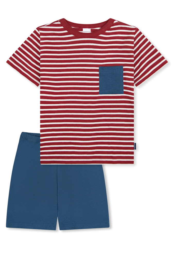 Schiesser Schlafanzug kurz Rot/Blau gestreift - Kids Nightwear für Jungen, Größe 4Y, 100 % Baumwolle