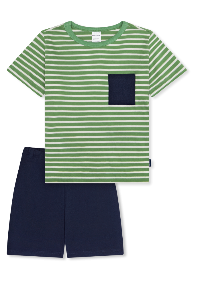 Schiesser Schlafanzug kurz Grün/Blau gestreift - Kids Nightwear für Jungen, Größe 3Y, 100 % Baumwolle