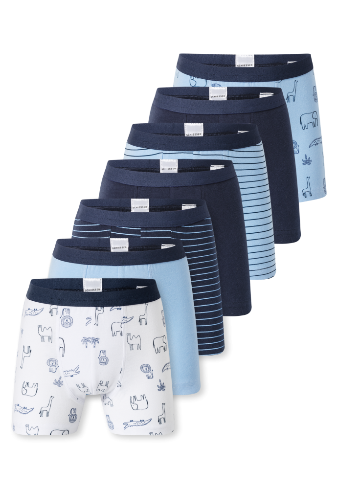 Schiesser Shorts 7er-Pack Blau/Weiss gemustert - 95/5 für Jungen, Größe 3Y, 95 % Baumwolle, 5 % Elasthan