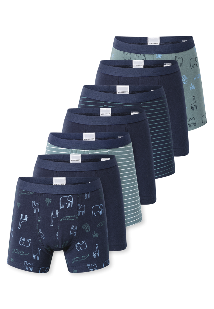 Schiesser Shorts 7er-Pack Blau/Grün gemustert - 95/5 für Jungen, Größe 4Y, 95 % Baumwolle, 5 % Elasthan