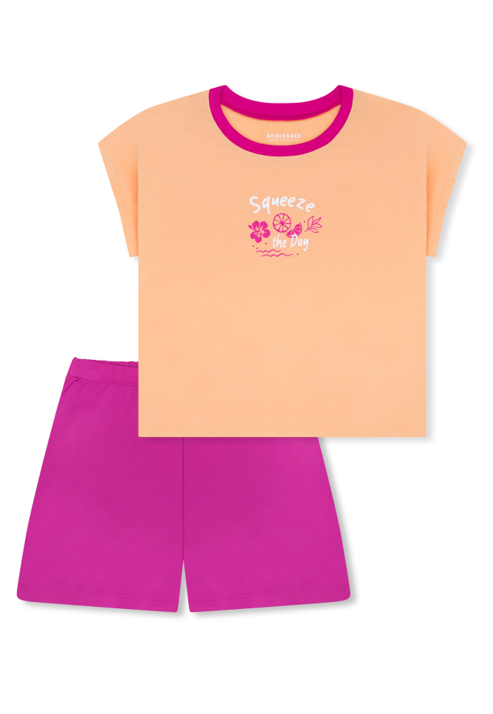 Schiesser Schlafanzug kurz Zitrus pfirsichorange - Teens Nightwear für Mädchen, Größe L, 50 % Baumwolle, 50 % Modal