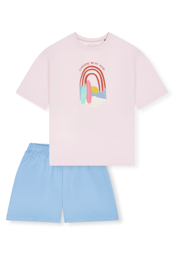 Schiesser Schlafanzug kurz Rosa/Blau - Teens Nightwear für Mädchen, Größe M, 100 % Baumwolle