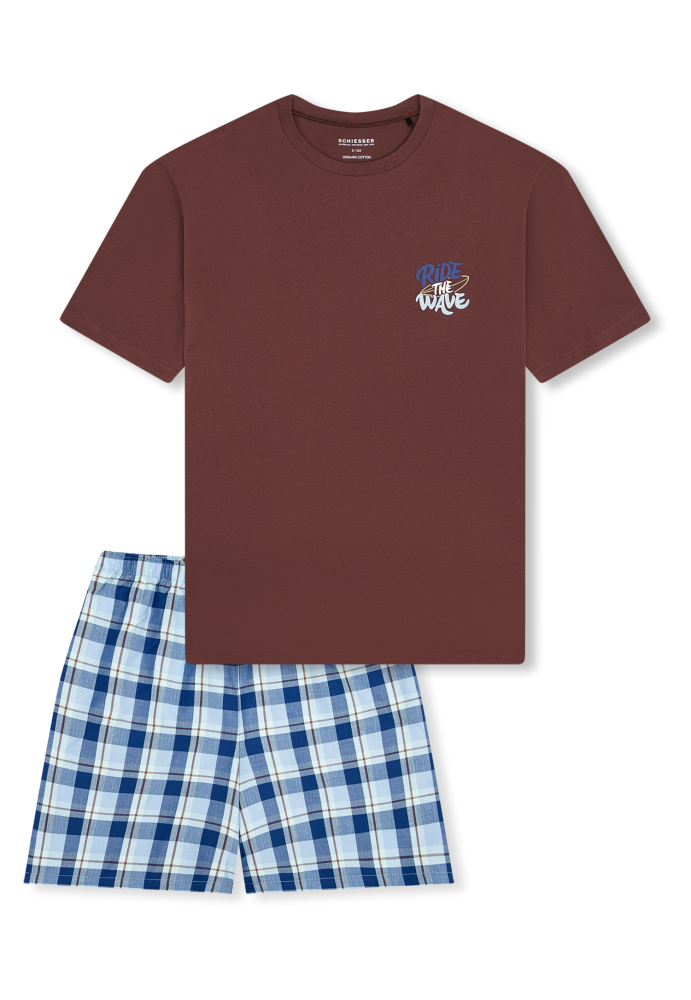 Schiesser Schlafanzug kurz Bordeaux/Blau kariert - Teens Nightwear für Jungen, Größe XS, 100 % Baumwolle