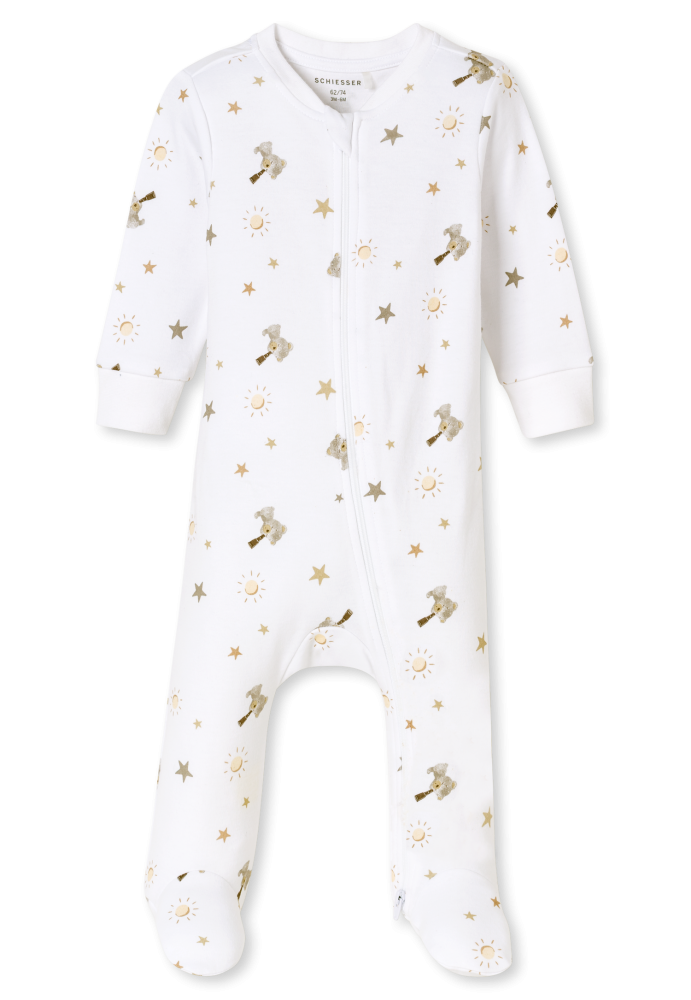 Schiesser Strampler mit Fuß Weiss gemustert - Baby, Größe 6M, 100 % Baumwolle