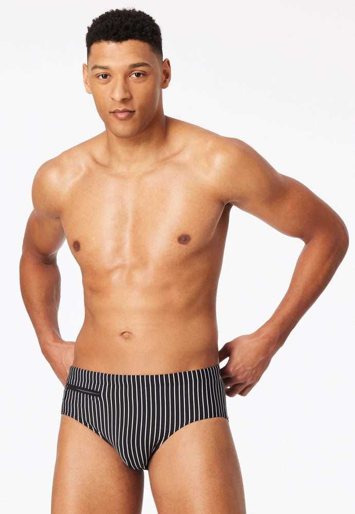 Schiesser Badehose mit Reißverschluss Schwarz/Weiss gestreift - Aqua für Herren, Größe L, 67 % Polyamid, 18 % Polyester, 15 % Elasthan