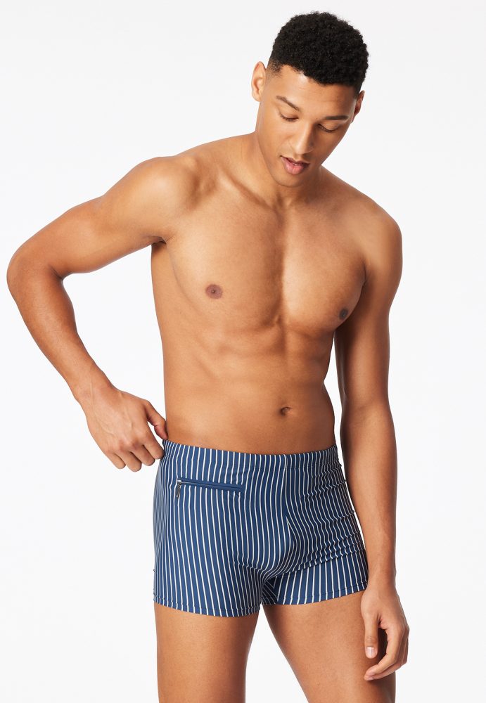 Schiesser Badehose mit Reißverschlusstasche Blau/Weiss gestreift - Aqua für Herren, Größe L, 67 % Polyamid, 18 % Polyester, 15 % Elasthan