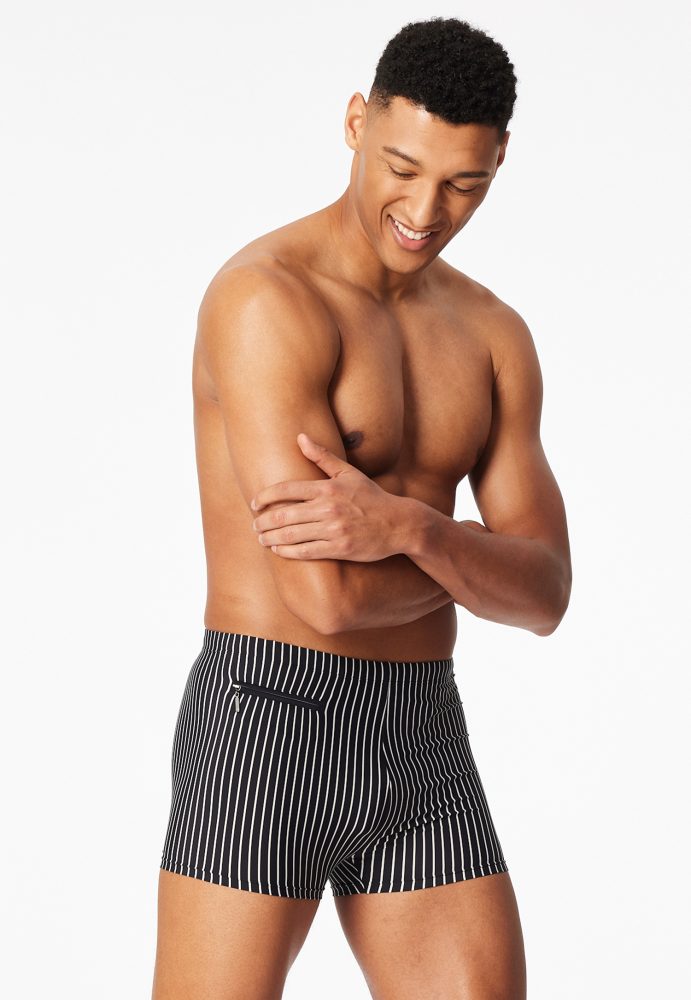 Schiesser Badehose mit Reißverschlusstasche Schwarz/Weiss gestreift - Aqua für Herren, Größe S, 67 % Polyamid, 18 % Polyester, 15 % Elasthan