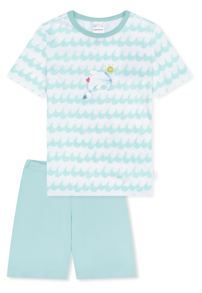 Schiesser Schlafanzug kurz Blau/Weiss gemustert - Kids Nightwear für Mädchen, Größe 3Y, 100 % Baumwolle