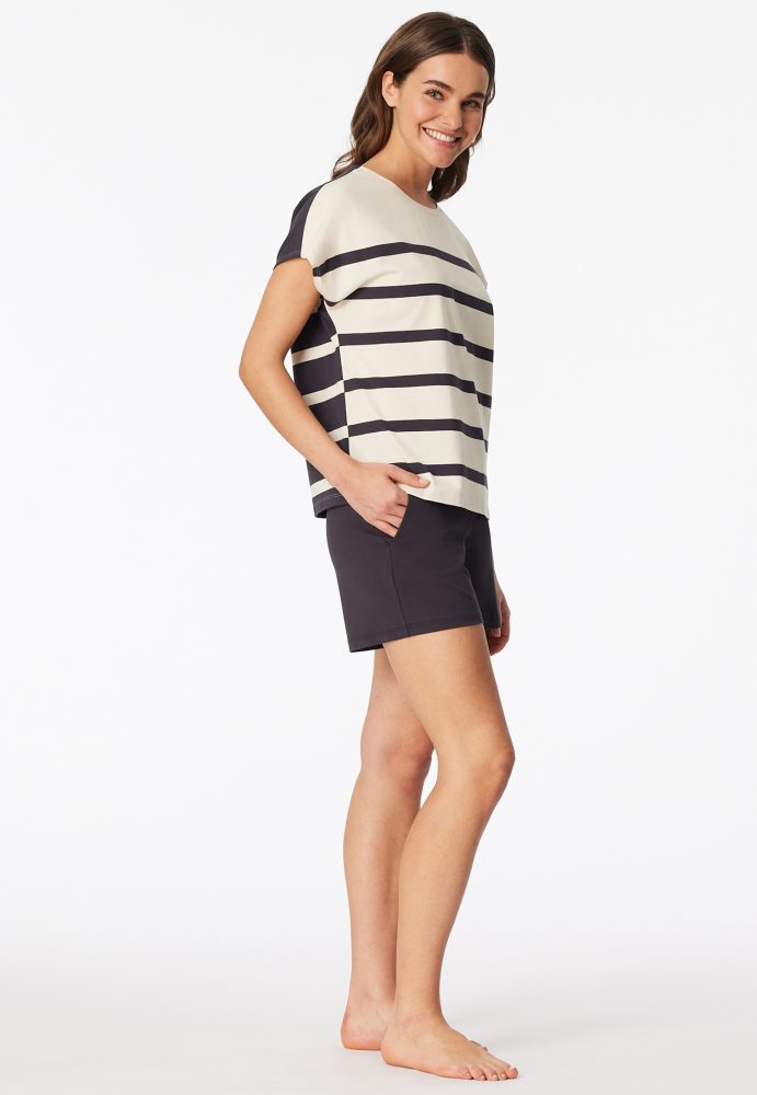 Schiesser Schlafanzug kurz Anthrazit/Weiss gestreift - Casual Nightwear für Damen, Größe L, 73 % Baumwolle, 27 % Polyester