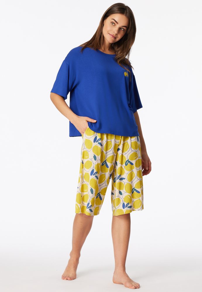 Schiesser Schlafanzug 3/4-lang Blau/Gelb gemustert - Casual Fashion für Damen, Größe L, 95 % Modal, 5 % Elasthan