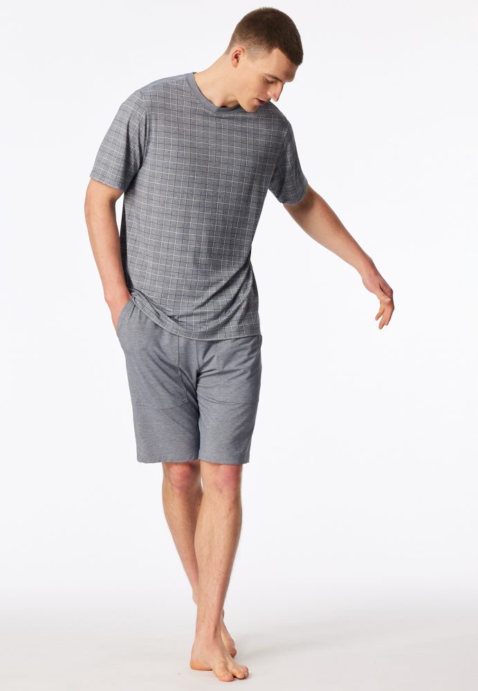 Schiesser Schlafanzug kurz Grau kariert - Selected Premium für Herren, Größe S, 90 % Bambus, 10 % Elasthan