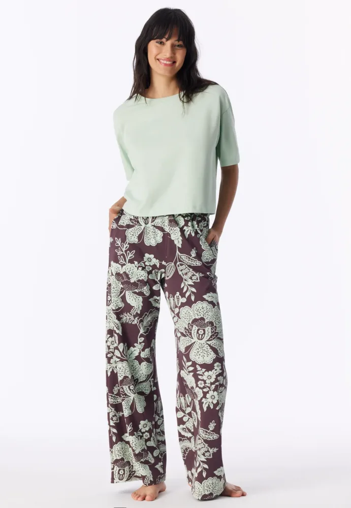 Schiesser Hose Bordeaux/Mint gemustert - Mix+Relax für Damen, Größe XS, 100 % Baumwolle