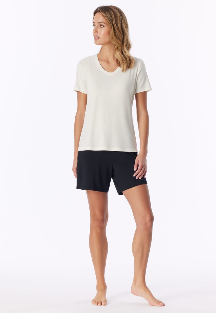 Schiesser T-Shirt V-Ausschnitt Off-White - Mix+Relax für Damen, Größe M, 95 % Modal, 5 % Elasthan