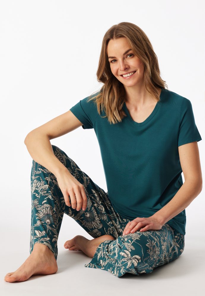 Schiesser T-Shirt V-Ausschnitt Petrol - Mix+Relax für Damen, Größe S, 95 % Modal, 5 % Elasthan