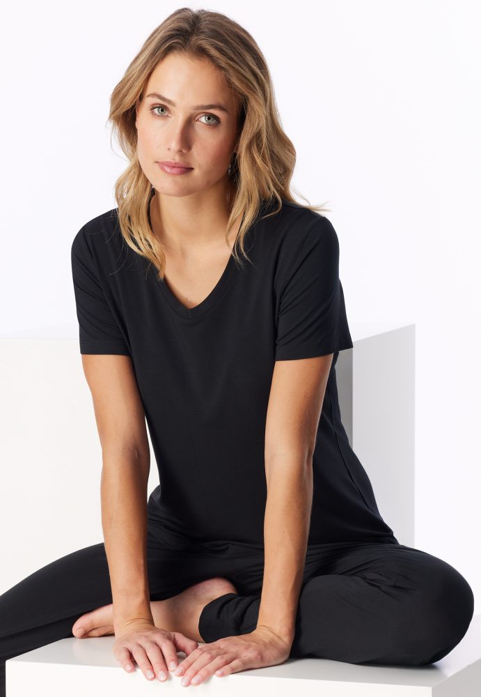 Schiesser T-Shirt V-Ausschnitt Schwarz - Mix+Relax für Damen, Größe S, 95 % Modal, 5 % Elasthan