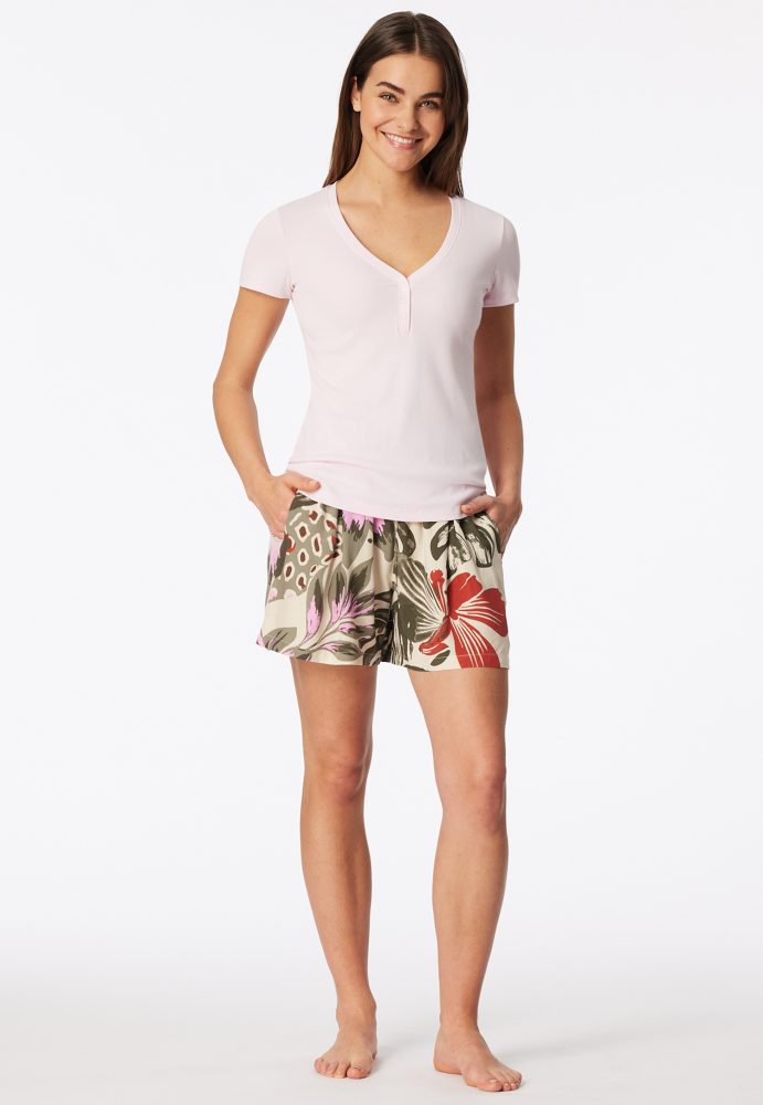 Schiesser T-Shirt V-Ausschnitt mit Knopfleiste Rosa - Mix+Relax für Damen, Größe XS, 55 % Baumwolle, 5 % Elasthan, 40 % Modal