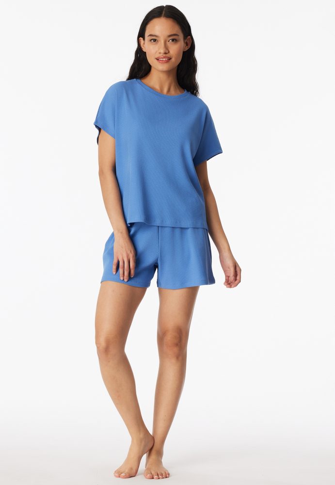 Schiesser Schlafanzug kurz Feinripp Blau - Casual Feel für Damen, Größe XL, 85 % Baumwolle, 15 % Polyester
