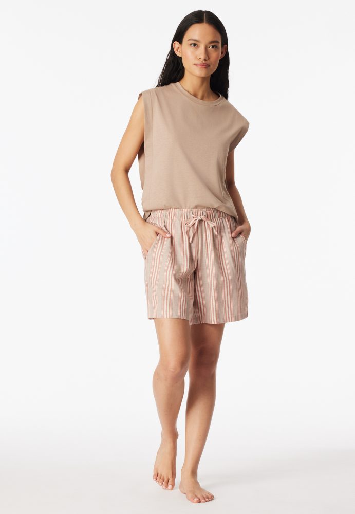Schiesser Hose kurz Beige/Orange gestreift - Mix+Relax für Damen, Größe S, 45 % Leinen, 30 % Viskose, 25 % Baumwolle