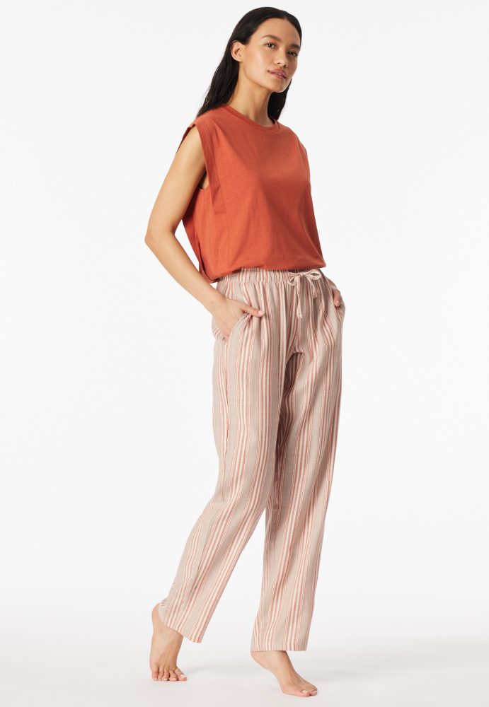 Schiesser Hose Beige/Orange gestreift - Mix+Relax für Damen, Größe M, 45 % Leinen, 30 % Viskose, 25 % Baumwolle