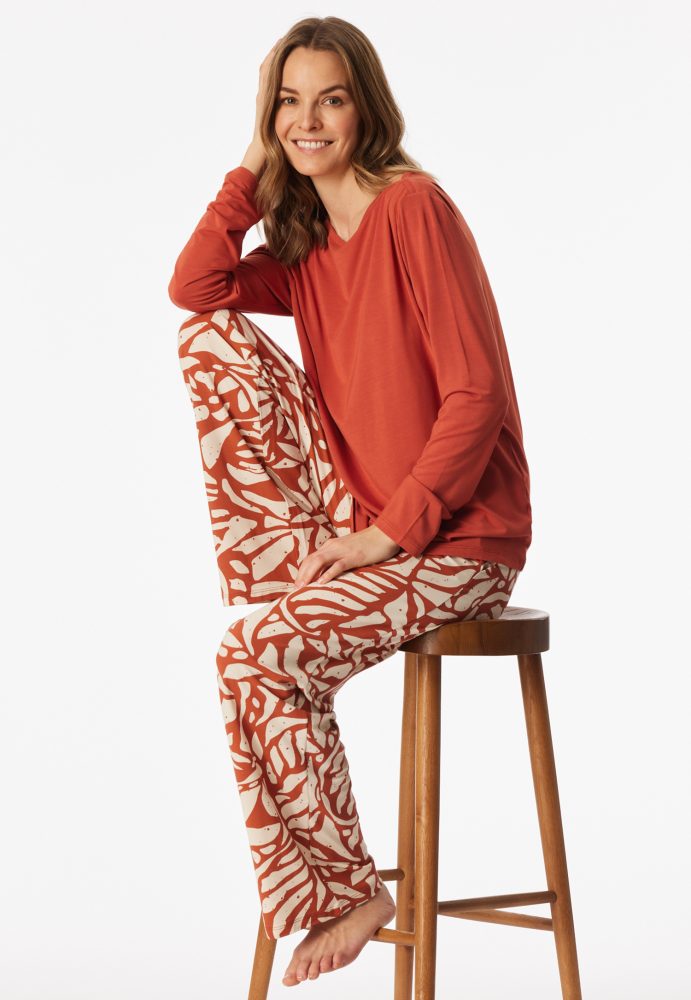 Schiesser Schlafanzug Orange/Weiss gemustert - Selected Premium für Damen, Größe M, 95 % Modal, 5 % Elasthan