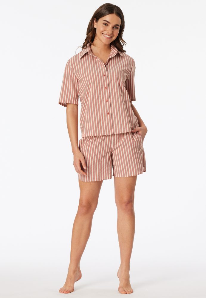 Schiesser Pyjama kurz Rot gestreift - Selected Premium für Damen, Größe S, 82 % Baumwolle, 17 % Polyester, 1 % Elasthan