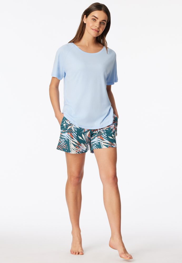 Schiesser Schlafanzug kurz Blau gemustert - Modern Nightwear für Damen, Größe M, 65 % Modal, 35 % Baumwolle