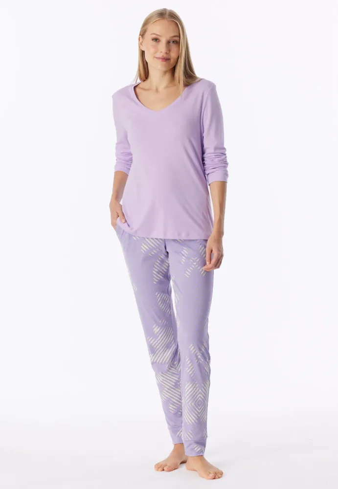 Schiesser Schlafanzug mit Bündchen Lila gemustert - Modern Nightwear für Damen, Größe M, 65 % Modal, 35 % Baumwolle