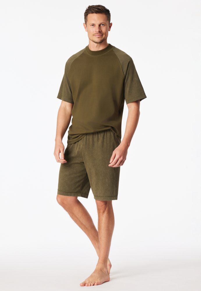 Schiesser Schlafanzug kurz Oliv - Modern Essentials für Herren, Größe L, 100 % Baumwolle