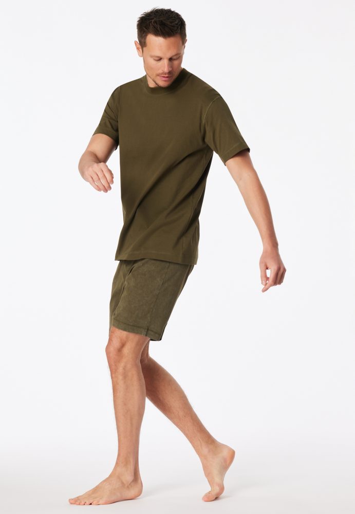 Schiesser Schlafanzug kurz Oliv - Modern Essentials für Herren, Größe M, 100 % Baumwolle