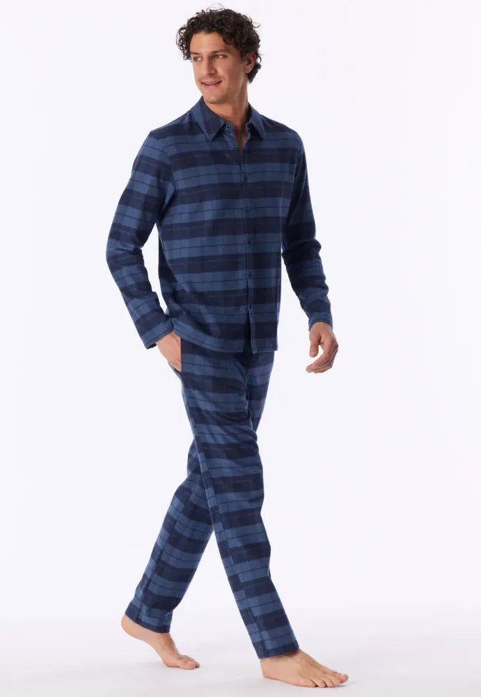 Schiesser Pyjama Blau kariert - Selected Premium Warming für Herren, Größe M, 100 % Baumwolle