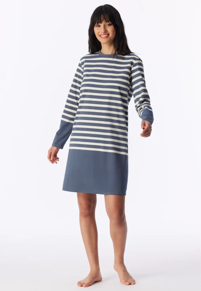Schiesser Nachthemd langarm Blau/Weiss gestreift - Casual Nightwear für Damen, Größe S, 73 % Baumwolle, 27 % Polyester