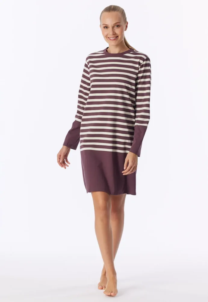 Schiesser Nachthemd langarm Bordeaux/Weiss gestreift - Casual Nightwear für Damen, Größe M, 73 % Baumwolle, 27 % Polyester