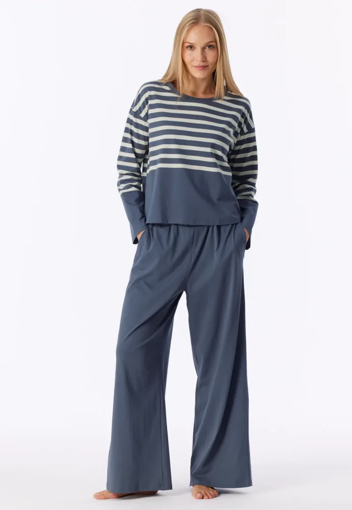 Schiesser Schlafanzug Dunkelblau/Weiss gestreift - Casual Nightwear für Damen, Größe XL, 73 % Baumwolle, 27 % Polyester