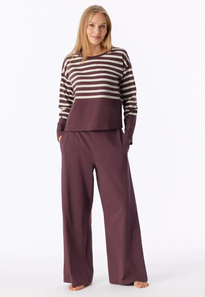 Schiesser Schlafanzug Bordeaux/Weiss gestreift - Casual Nightwear für Damen, Größe L, 73 % Baumwolle, 27 % Polyester