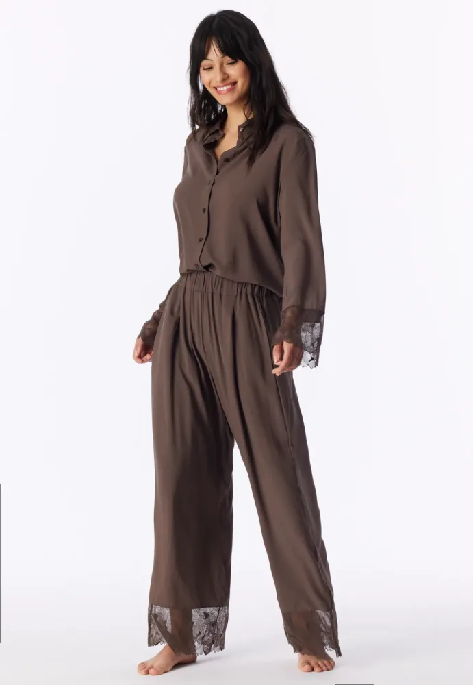Schiesser Pyjama mit Spitze Braun - Modern Lace für Damen, Größe L, 100 % Viskose