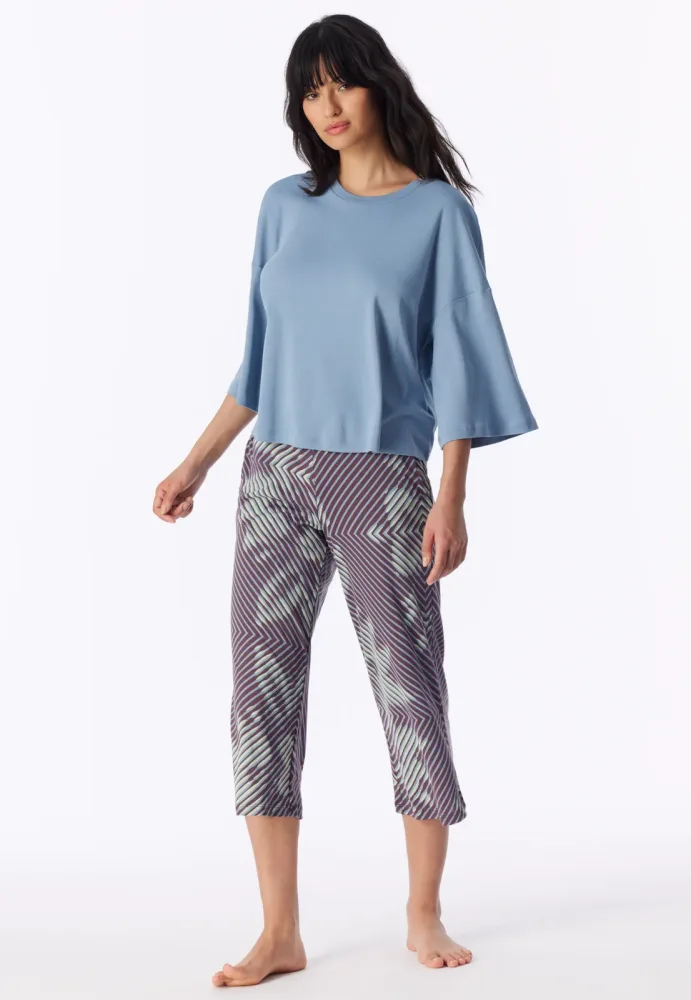 Schiesser Schlafanzug 3/4-lang Blau gemustert - Modern Nightwear für Damen, Größe L, 65 % Modal, 35 % Baumwolle