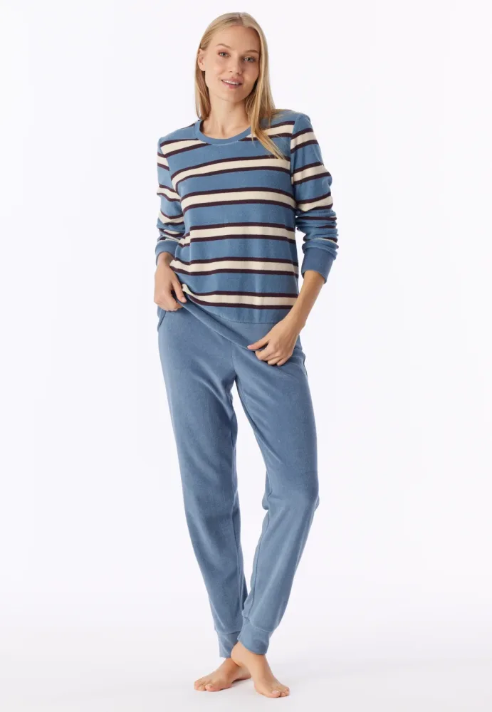Schiesser Schlafanzug lang mit Bündchen Blau/Weiss gestreift - Casual Essentials für Damen, Größe L, 80 % Baumwolle, 20 % Polyester