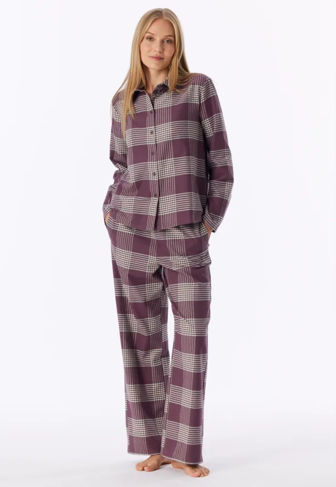 Schiesser Pyjama Bordeaux/Weiss kariert - Selected Premium Warming für Damen, Größe L, 100 % Baumwolle