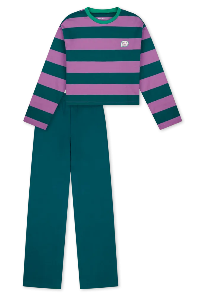 Schiesser Schlafanzug Lila/Grün gestreift - Nightwear für Mädchen, Größe M, 100 % Baumwolle