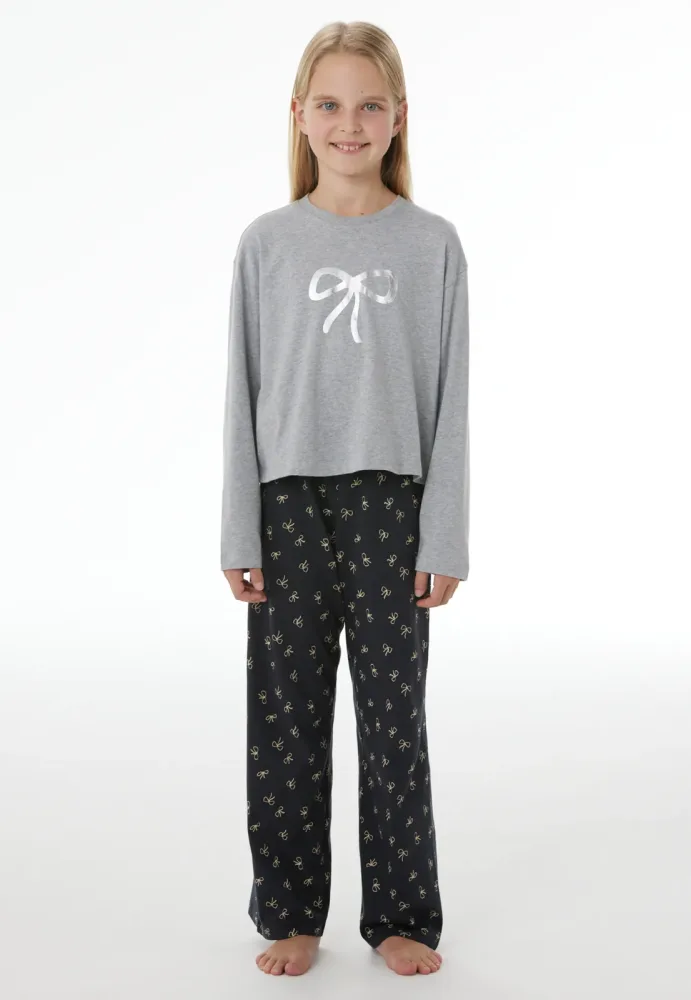 Schiesser Schlafanzug Grau/Dunkelblau gemustert - Nightwear für Mädchen, Größe XS, 100 % Baumwolle