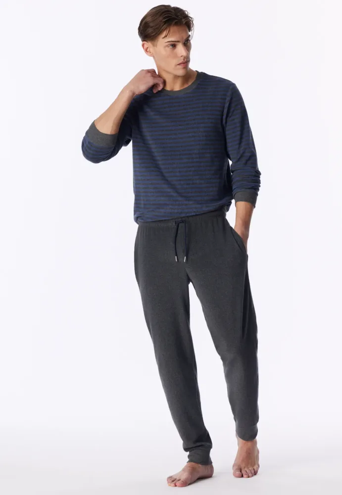 Schiesser Schlafanzug mit Bündchen Blau/Grau gestreift - Casual Nightwear für Herren, Größe S, 80 % Baumwolle, 20 % Polyester