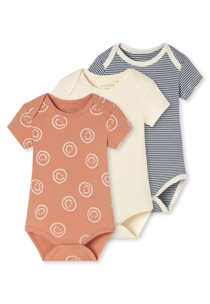 Schiesser Body kurzarm Feinripp 3er-Pack Bunt gemustert - Baby, Größe 12M, 100 % Baumwolle