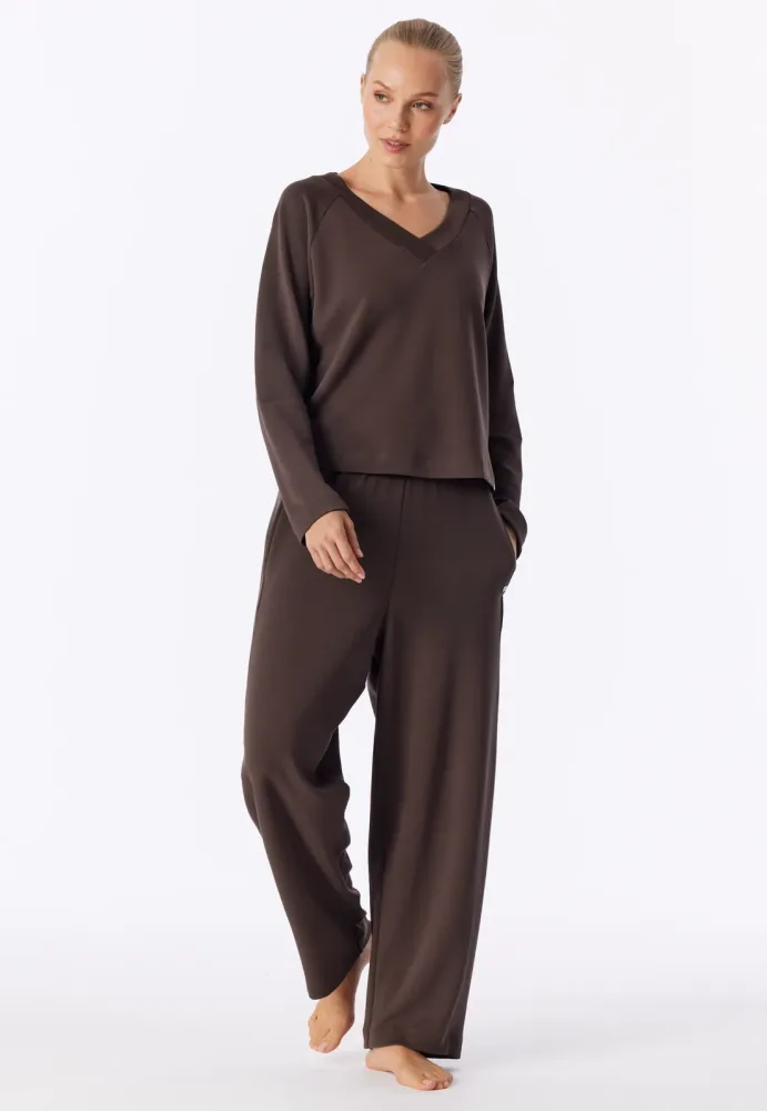 Schiesser Sweatshirt V-Ausschnitt Braun - Mix+Relax für Damen, Größe S, 75 % Modal, 5 % Elasthan, 20 % Polyester