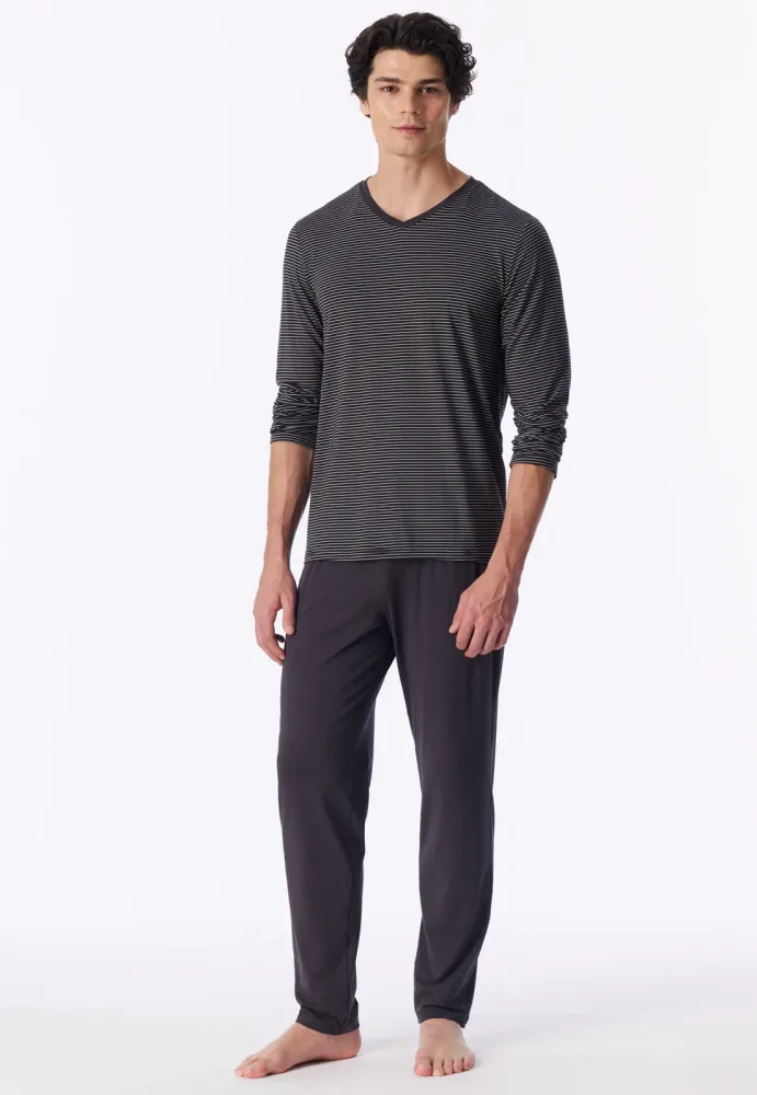 Schiesser Schlafanzug Anthrazit gestreift - Long Life Soft für Herren, Größe M, 75 % Modal, 15 % Polyester, 10 % Elasthan